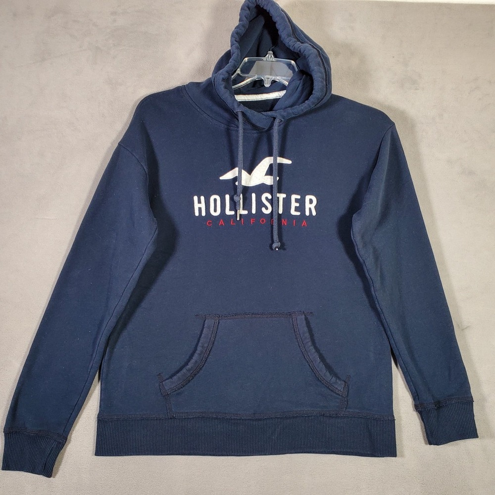 Hollister Y2K Hoodie Mens M Navy Blue 3D Stitched Logo Pullover Preppy Skater
